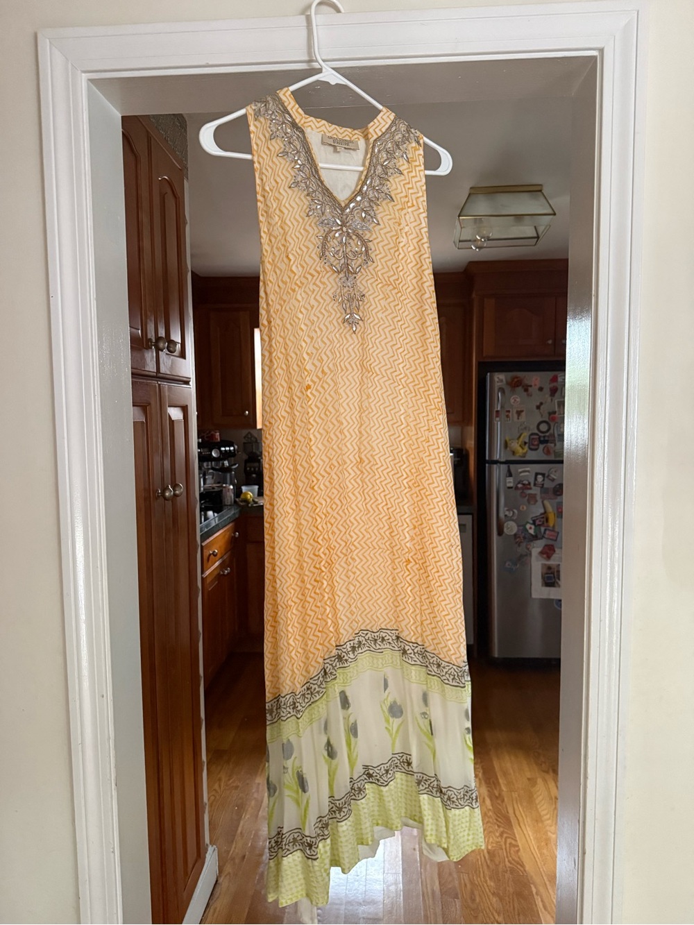 Anita Dongre Yellow Chevron Maxi Dress with Embellished V-Neck and scarf